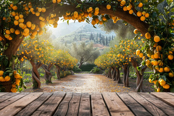 Poster - yellow lemon fruits garden background with empty wooden table top in front, Italy landscape background