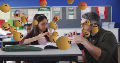 Canvas Print - Animation of emoji icons over diverse schoolgirl and teacher counting