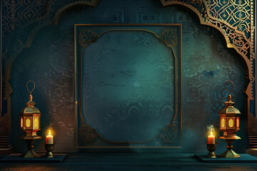 Wall Mural - illustration of a border frame decoration design with a ramadan and islamic theme. a photo blank frame with two lit candle lanterns. ramadan kareem holiday celebration concept