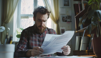 Wall Mural - a man looking at his bills worried