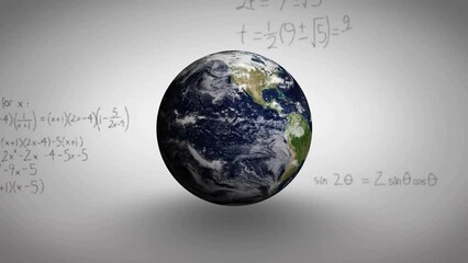 Poster - Animation of mathematical data processing over globe on white background