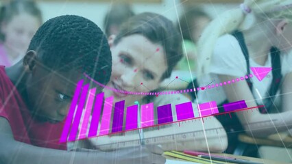 Poster - Animation of financial data processing over diverse schoolchildren and female teacher