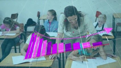 Poster - Animation of financial data processing over diverse schoolchildren and female teacher
