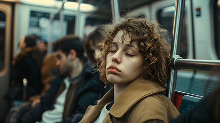 Poster - Tired people in subway train coming back from home, frustrated of workload, depressed in life