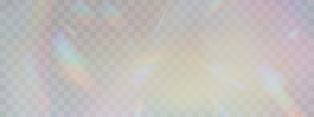 Blurred rainbow refraction overlay effect. Light lens prism effect on transparent background. Holographic reflection, crystal flare leak shadow overlay. Vector abstract illustration.