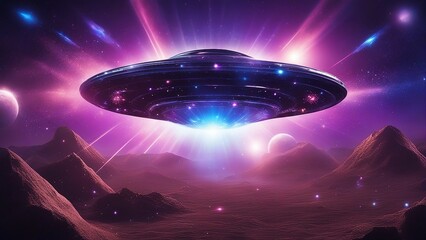 Wall Mural - ufo in the night  exploding star  in back ground,  vector alien space ships with blue and purple 