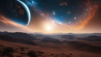 Wall Mural - sunrise in space _an outer space view of an alien planet and a blue nebula.
