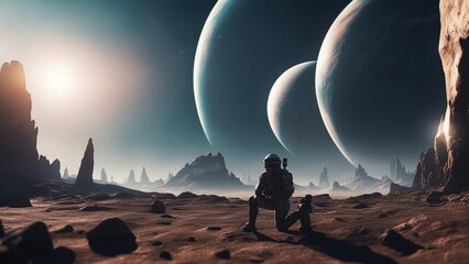 Wall Mural - astronaut in space space fighter and alien planet