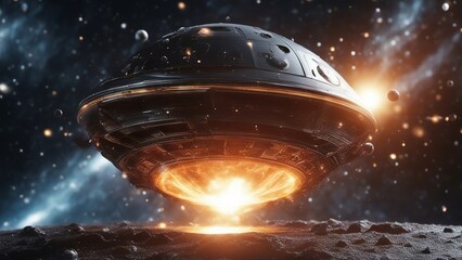 Wall Mural - spaceship in space  near black hole, with exploding star,  digital render of an alien bubble space ship 