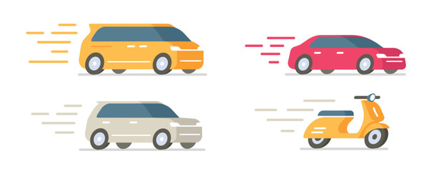 Car moving fast speed icon vector graphic set, auto vehicle drive quick flat cartoon red yellow white isolated image clipart, motor scooter bike motion trail, van minivan automobile rapid hurry design