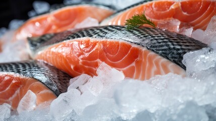 fresh pieces of red fish fillet, salmon, trout lie on pieces of ice on store counter or market, top 