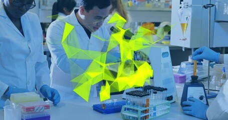 Poster - Animation of glowing light trails over diverse scientists in laboratory