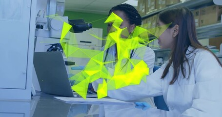 Poster - Animation of glowing light trails over diverse scientists in laboratory
