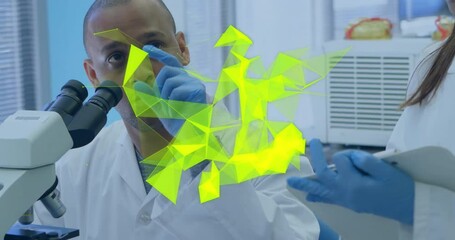 Sticker - Animation of glowing light trails over diverse scientists in laboratory