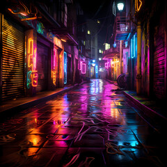 Wall Mural - Abstract patterns created by neon lights in a dark alley.