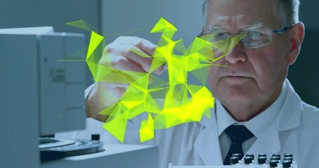 Poster - Animation of glowing light trails over caucasian male scientist in laboratory
