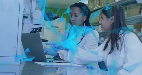 Poster - Animation of glowing light trails over diverse scientists in laboratory