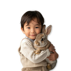 Wall Mural - Asian little boy holding rabbit, easter concept. Transparent background