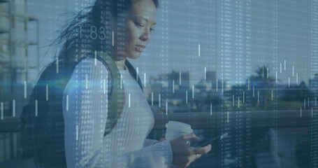 Poster - Animation of financial data processing over biracial woman using smartphone in city