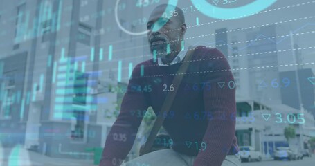 Poster - Animation of financial data processing over african american man riding bike in city