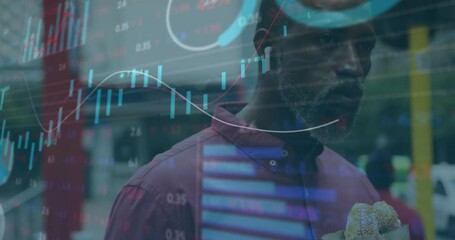 Poster - Animation of financial data processing over african american man eating sandwich in city