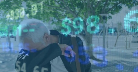 Poster - Animation of financial data processing over caucasian man in city