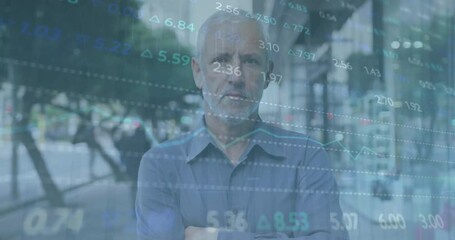 Poster - Animation of financial data processing over caucasian man in city