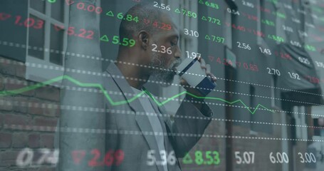 Poster - Animation of financial data processing over african american man drinking coffee in city