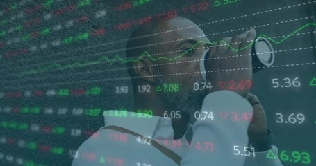 Poster - Animation of financial data processing over african american man using smartphone in city