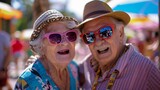 Fototapeta  - Two seniors smiling and posing for a silly photo with oversized novelty sunglasses adding to the fun atmosphere