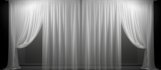 Poster - A black and white image showcasing a curtain hanging from a rod. The curtain appears to be made of a textured fabric and is slightly drawn to the side, allowing light to filter through.