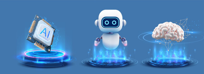 Fototapete - A vivid illustration showcasing the synergy of AI, featuring a robot, microchip, and a digital brain, all on dynamic holographic platforms. Futuristic AI Technology Concept with Robot, Chip, and Brain