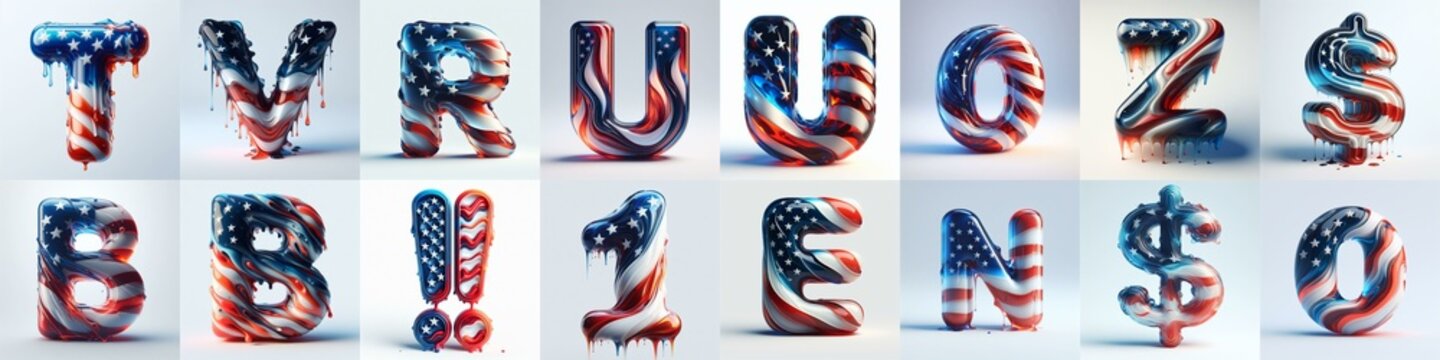 glass letters in color USA flag 3D Lettering Typeface. AI generated illustration