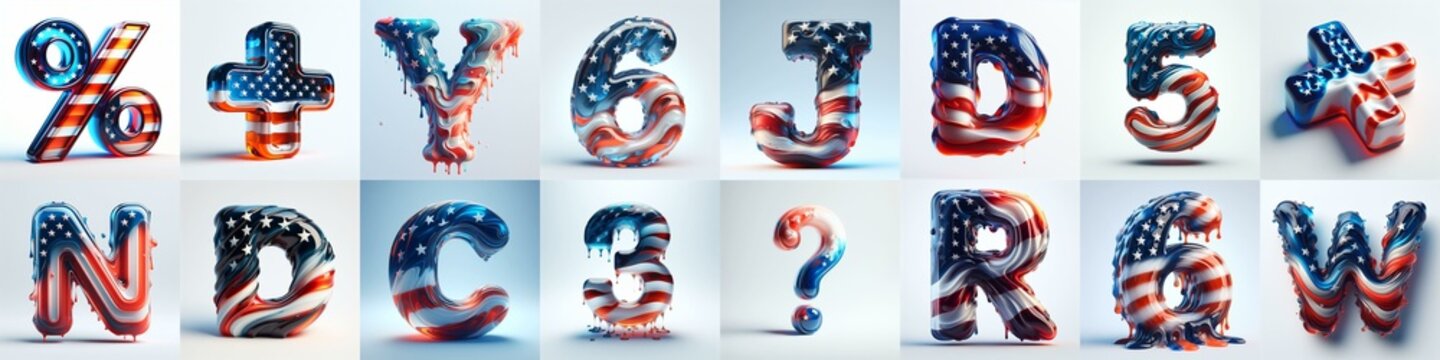 glass letters in color USA flag 3D Lettering Typeface. AI generated illustration