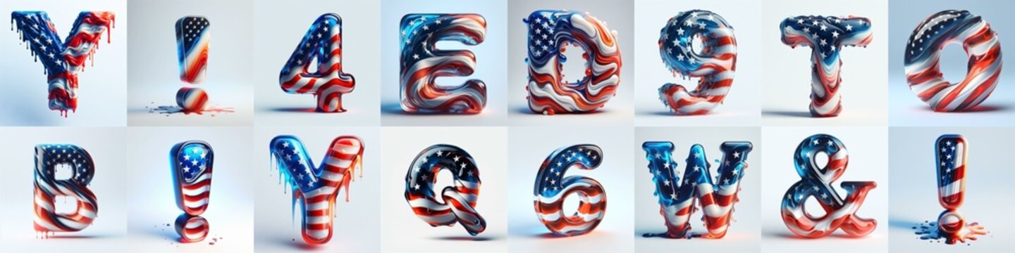 glass letters in color USA flag 3D Lettering Typeface. AI generated illustration