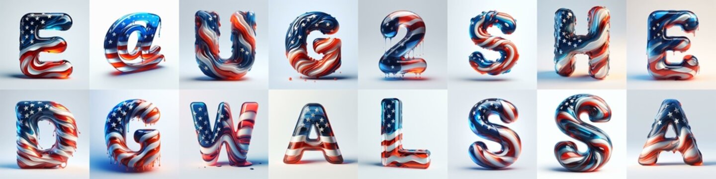 glass letters in color USA flag 3D Lettering Typeface. AI generated illustration