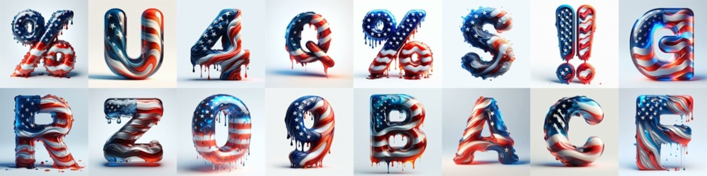 glass letters in color USA flag 3D Lettering Typeface. AI generated illustration