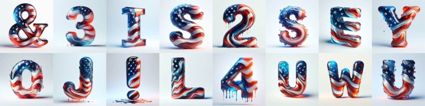 glass letters in color USA flag 3D Lettering Typeface. AI generated illustration