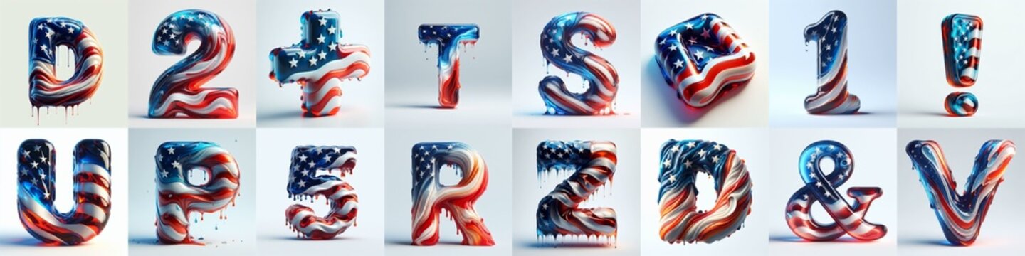 glass letters in color USA flag 3D Lettering Typeface. AI generated illustration