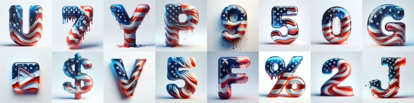 glass letters in color USA flag 3D Lettering Typeface. AI generated illustration