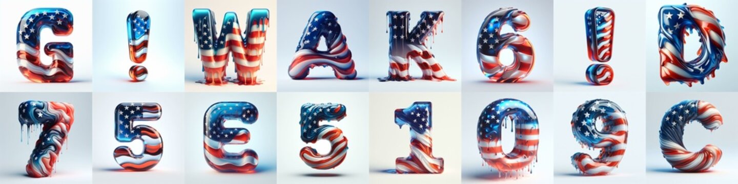 glass letters in color USA flag 3D Lettering Typeface. AI generated illustration