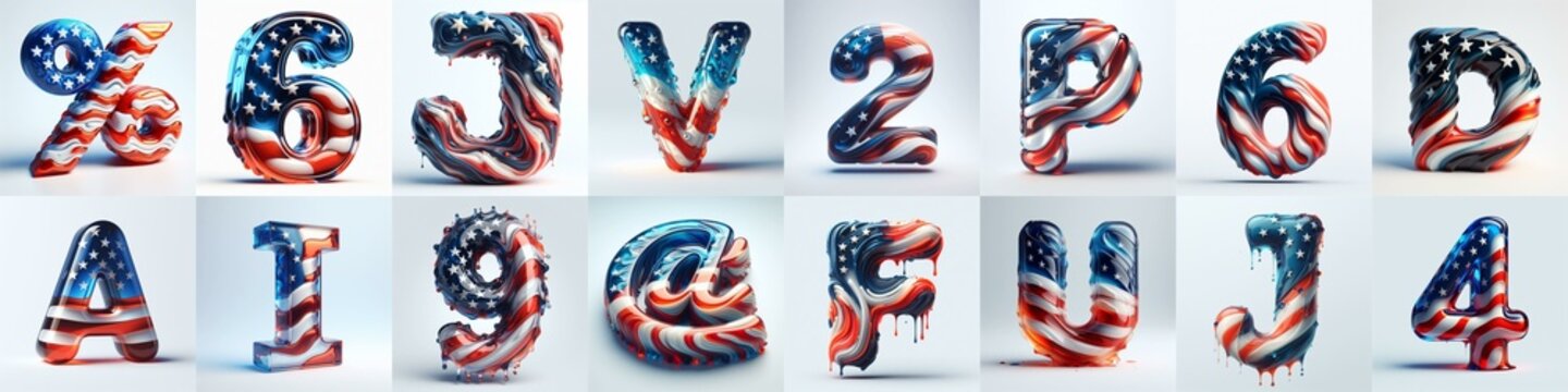 glass letters in color USA flag 3D Lettering Typeface. AI generated illustration