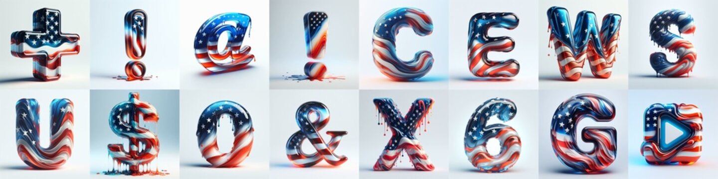 glass letters in color USA flag 3D Lettering Typeface. AI generated illustration