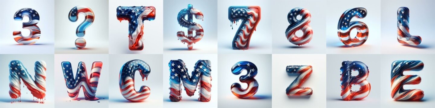 glass letters in color USA flag 3D Lettering Typeface. AI generated illustration