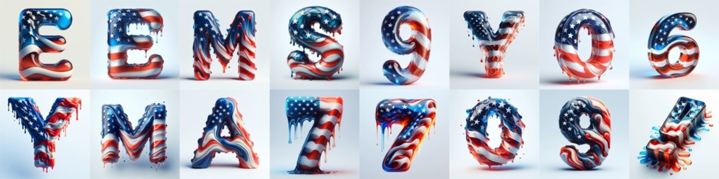 glass letters in color USA flag 3D Lettering Typeface. AI generated illustration
