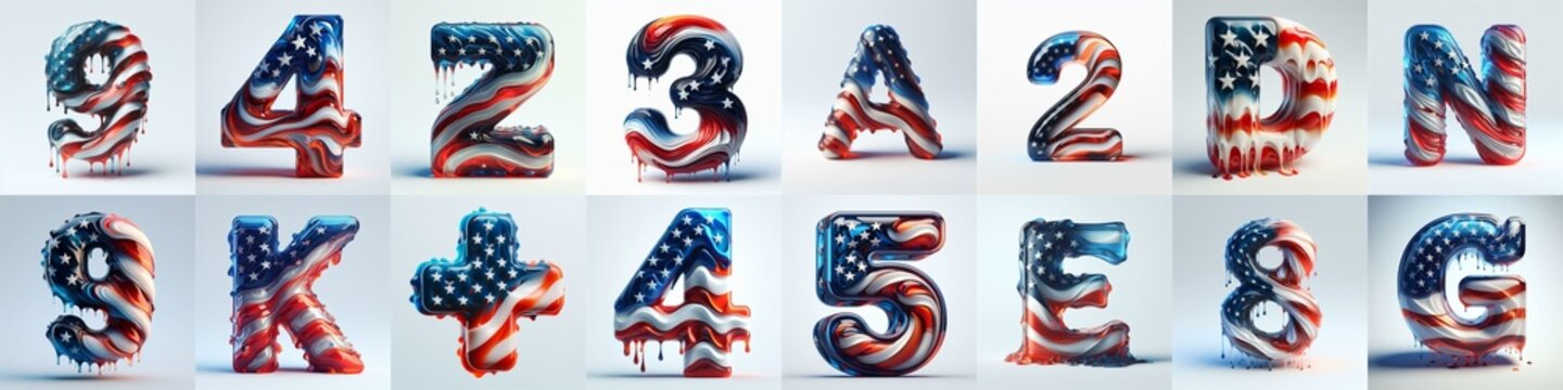 glass letters in color USA flag 3D Lettering Typeface. AI generated illustration