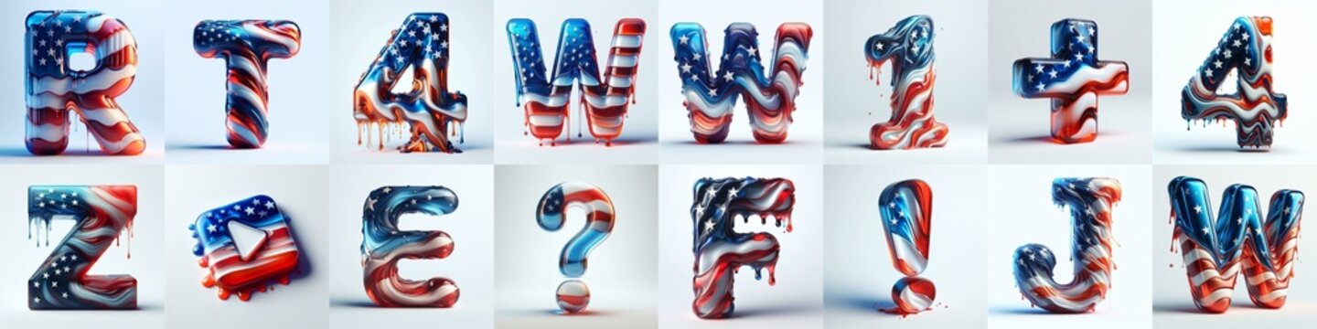glass letters in color USA flag 3D Lettering Typeface. AI generated illustration