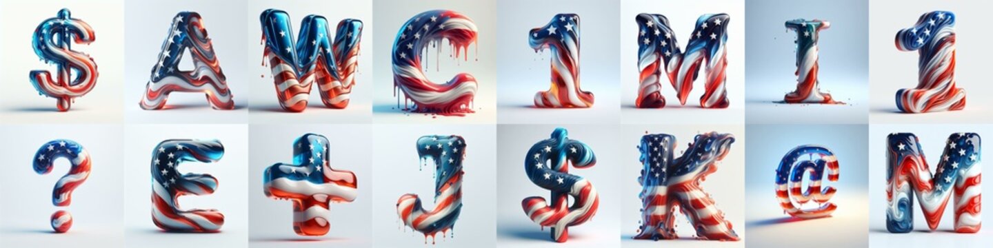glass letters in color USA flag 3D Lettering Typeface. AI generated illustration
