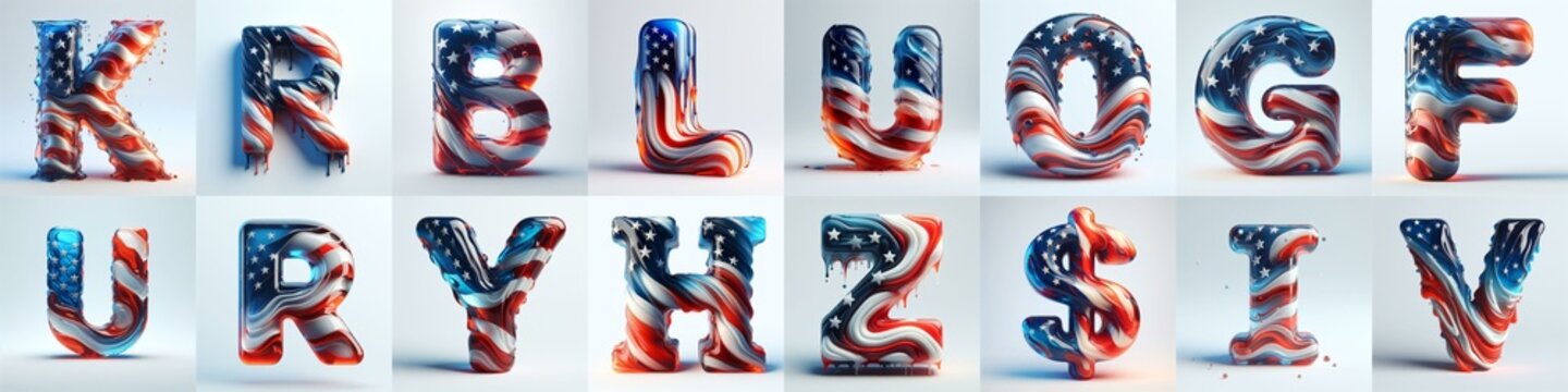 glass letters in color USA flag 3D Lettering Typeface. AI generated illustration