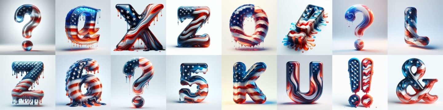 glass letters in color USA flag 3D Lettering Typeface. AI generated illustration